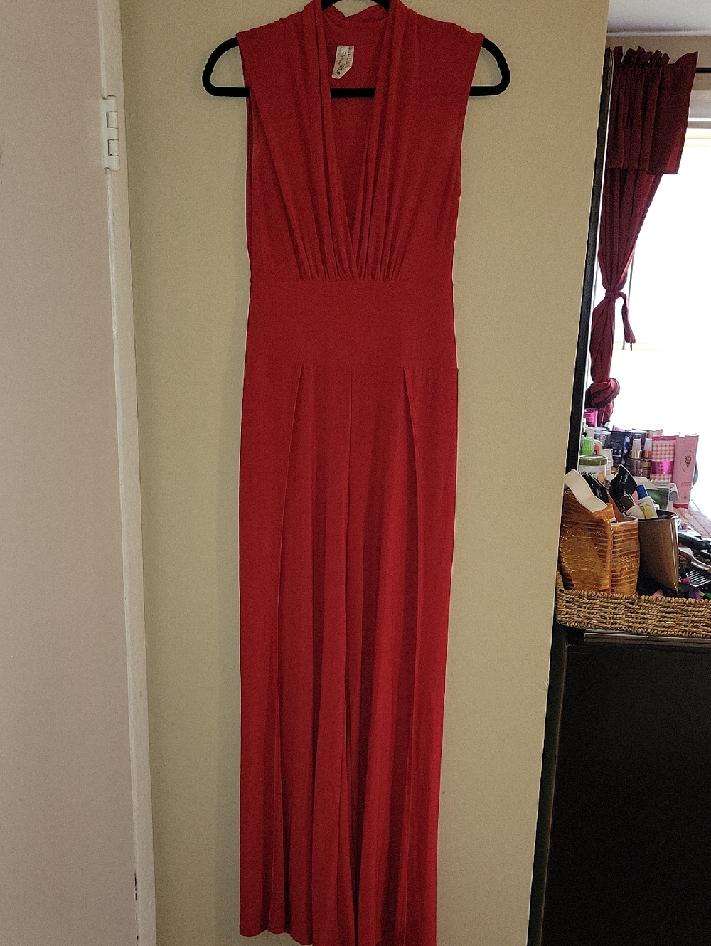 Red Sleeveless V-Neck Maxi Dress - Classic Draped Silhouette